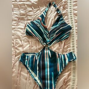 NWOT Striped  Halter One-Piece Swimsuit